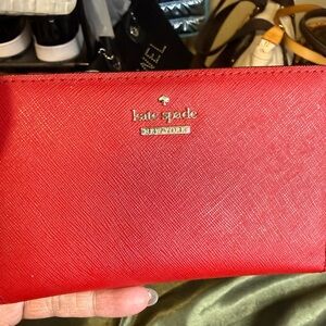 Kate Spade New York Red Saffiano Leather Wallet – Zip & Snap Closure